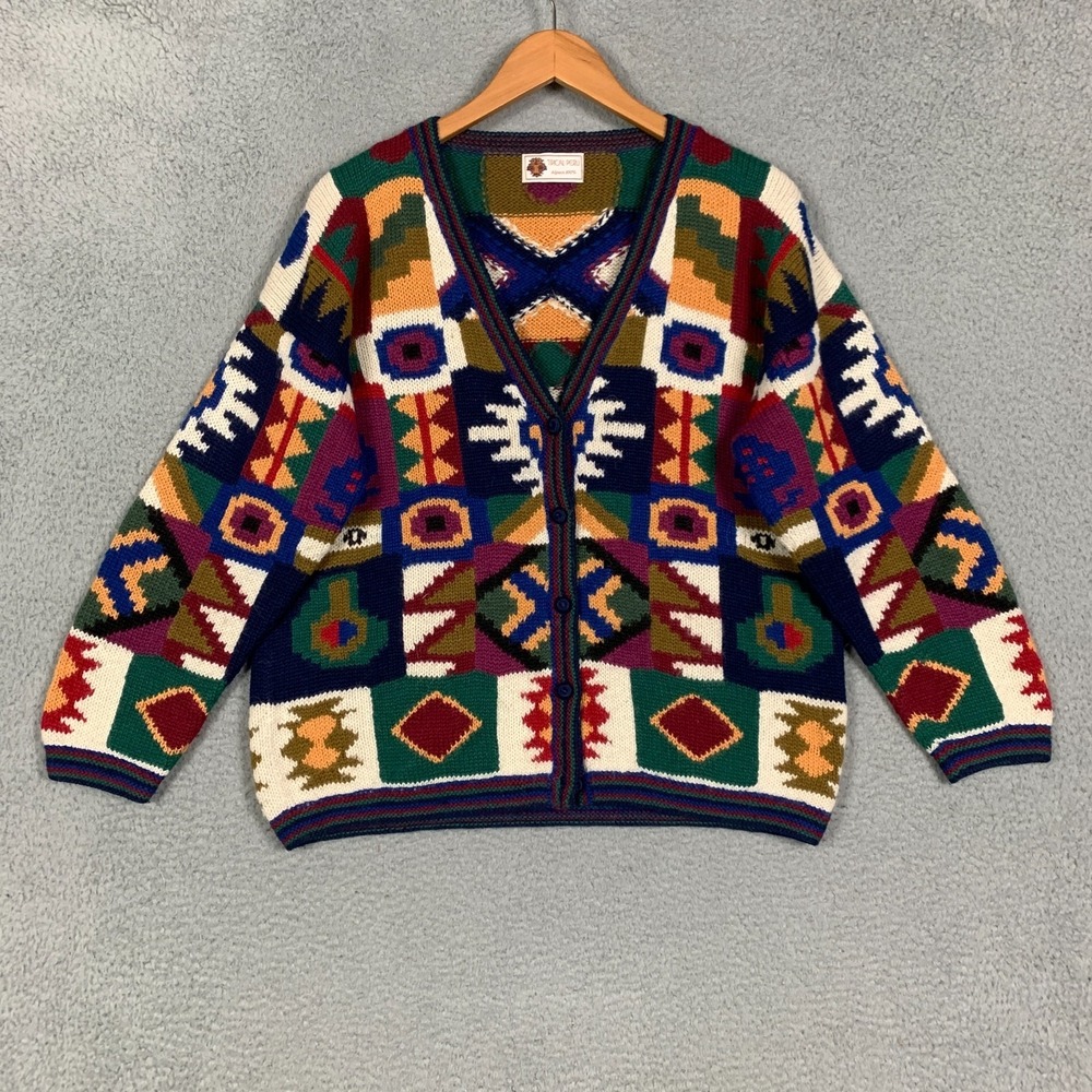 Peruvian Aztec Alpaca‎ Wool Geometric Colorful Chunky Cardigan Sweater Large VTG - Picture 2 of 7